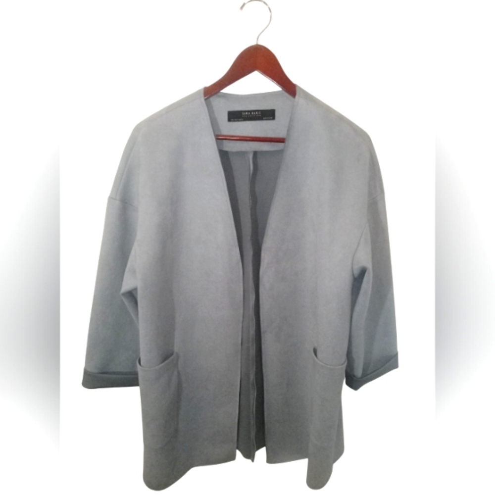 Zara Dusty Blue Faux Suede Open Front Jacket Size M